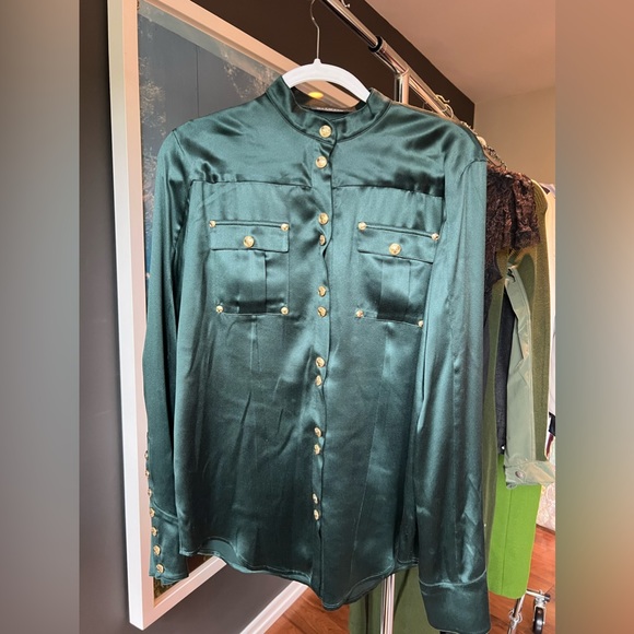 Balmain 100% silk green top with gold button detailing